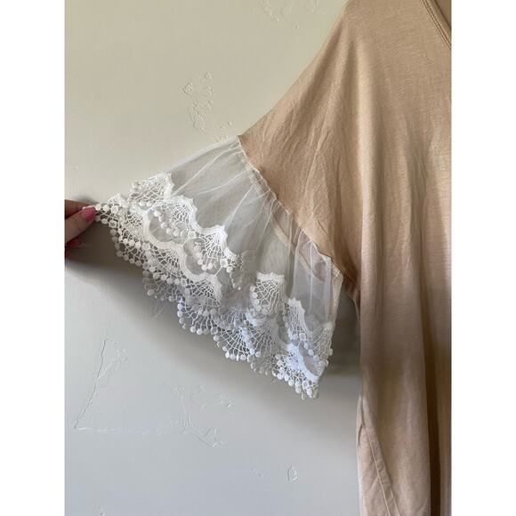 Reborn J Tan Button Down Tie Front Lace Sleeved Blouse (nursing friendly!) - Picture 2 of 4